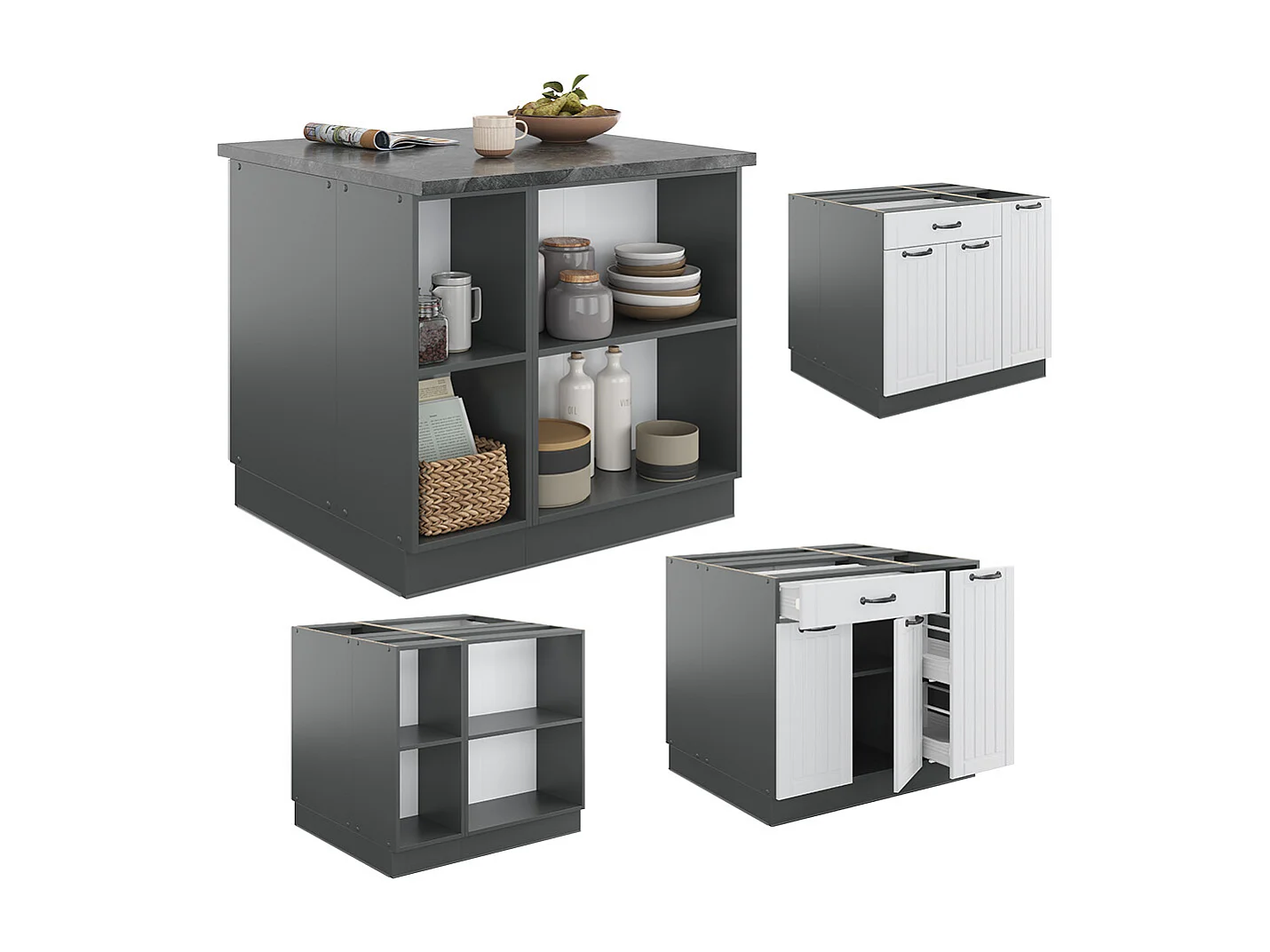 Îlot de cuisine blanc cottage/anthracite 90x60x82 fame-line