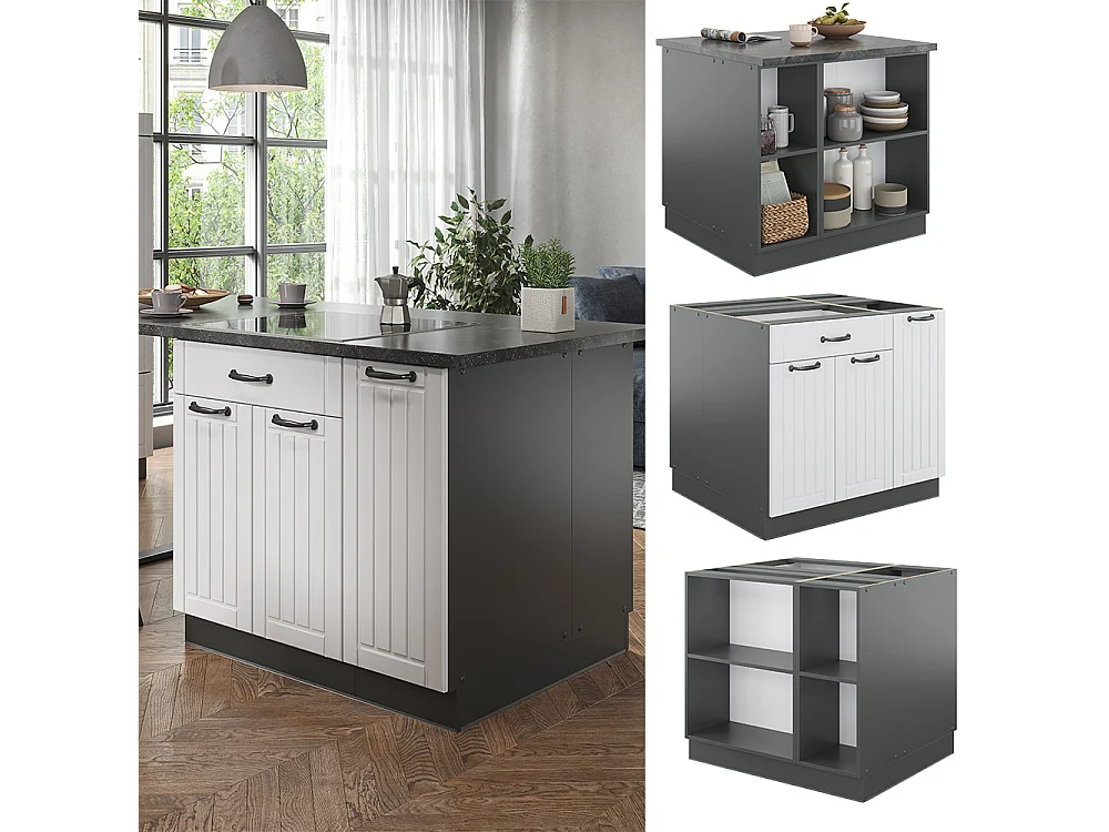 Armário de cozinha com ilha casa de campo branca/antracite 90x60x82 fame-line