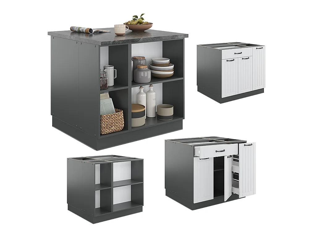 Armário de cozinha com ilha casa de campo branca/antracite 90x60x82 fame-line