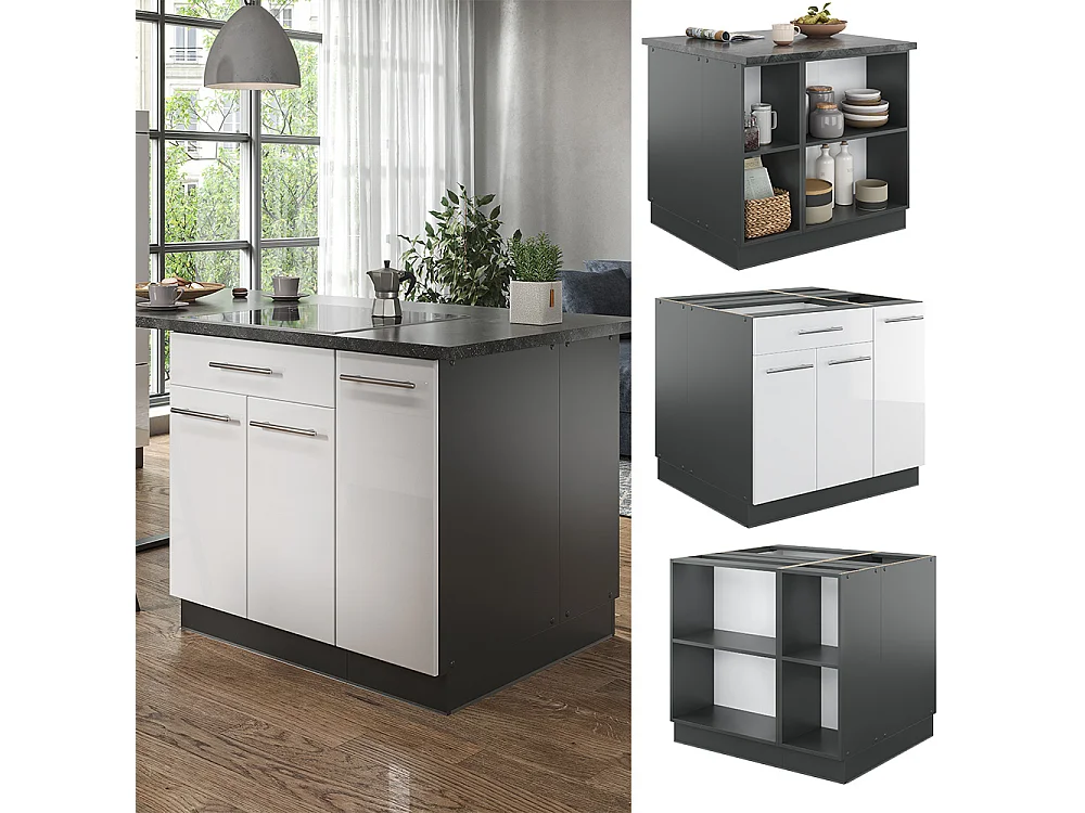 Îlot de cuisine blanc brillant/anthracite 90x60x82 fame-line