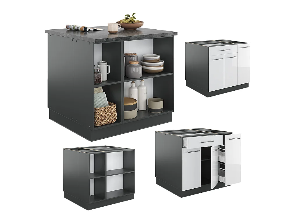 Îlot de cuisine blanc brillant/anthracite 90x60x82 fame-line