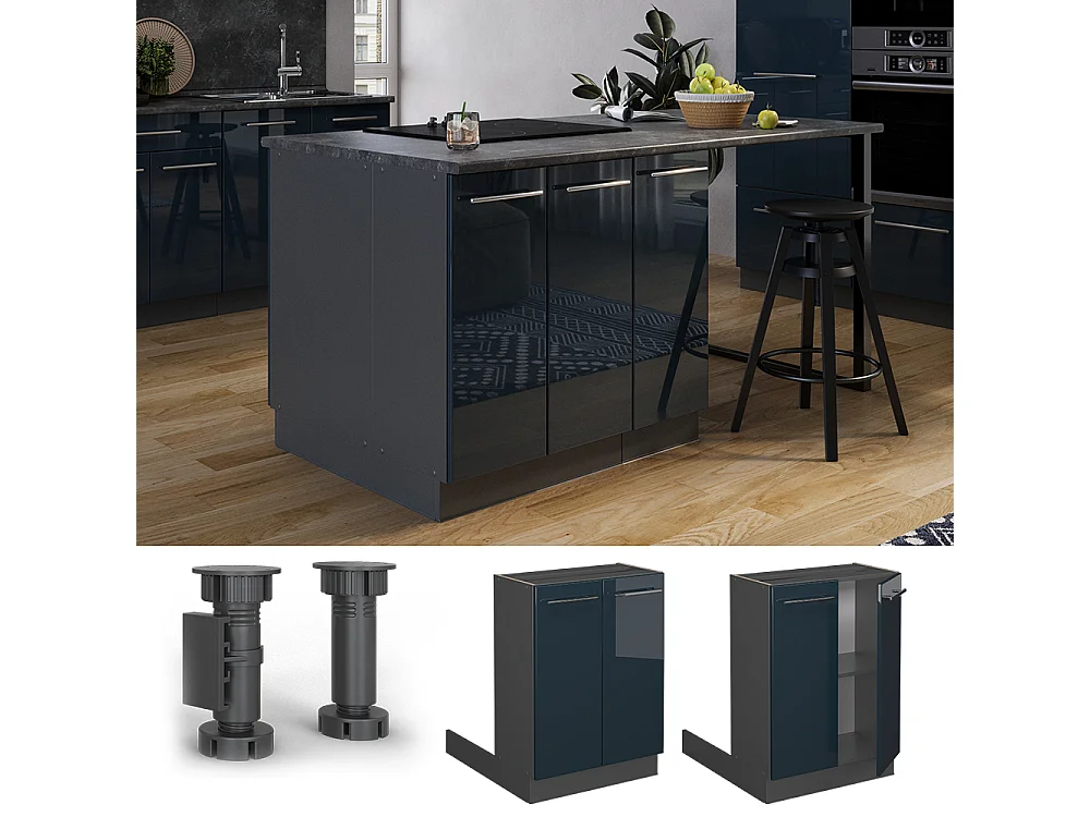 Îlot de cuisine bleu foncé brillant 60x70x82 fame-line