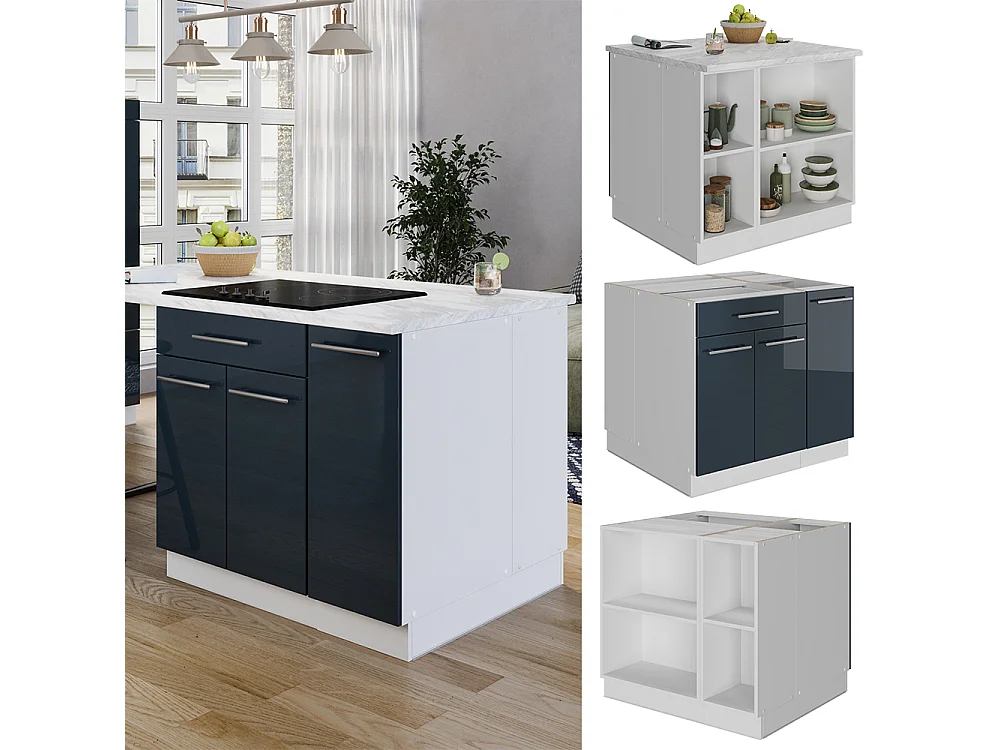 Ilot de cuisine bleu foncé brillant 90x60x82 fame-line