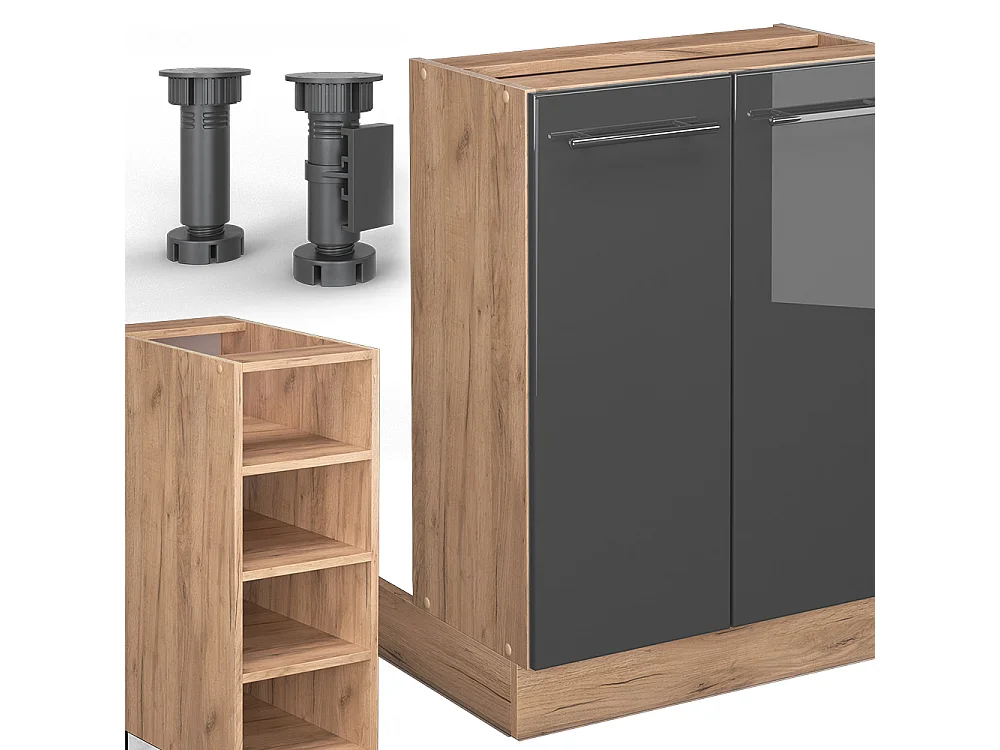 Îlot de cuisine anthracite brillant/chêne doré 90x60x82 fame-line