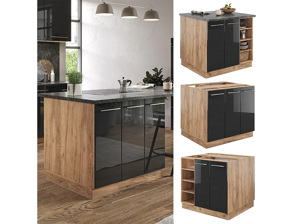 Îlot de cuisine anthracite brillant/chêne doré 90x60x82 fame-line