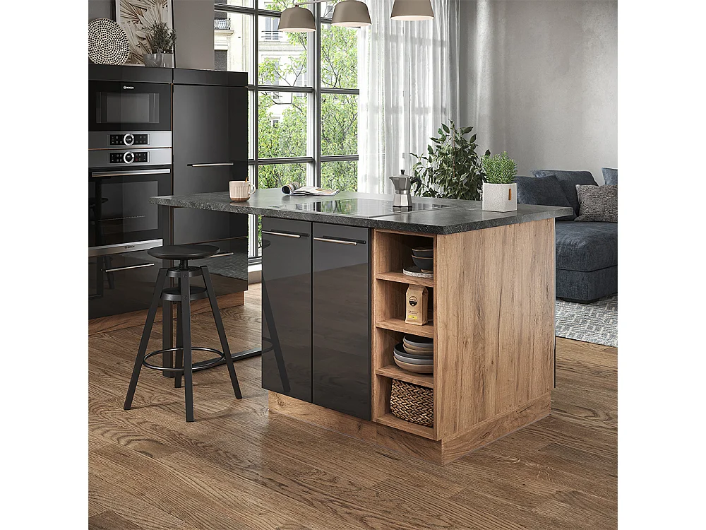 Îlot de cuisine anthracite brillant/chêne doré 90x60x82 fame-line