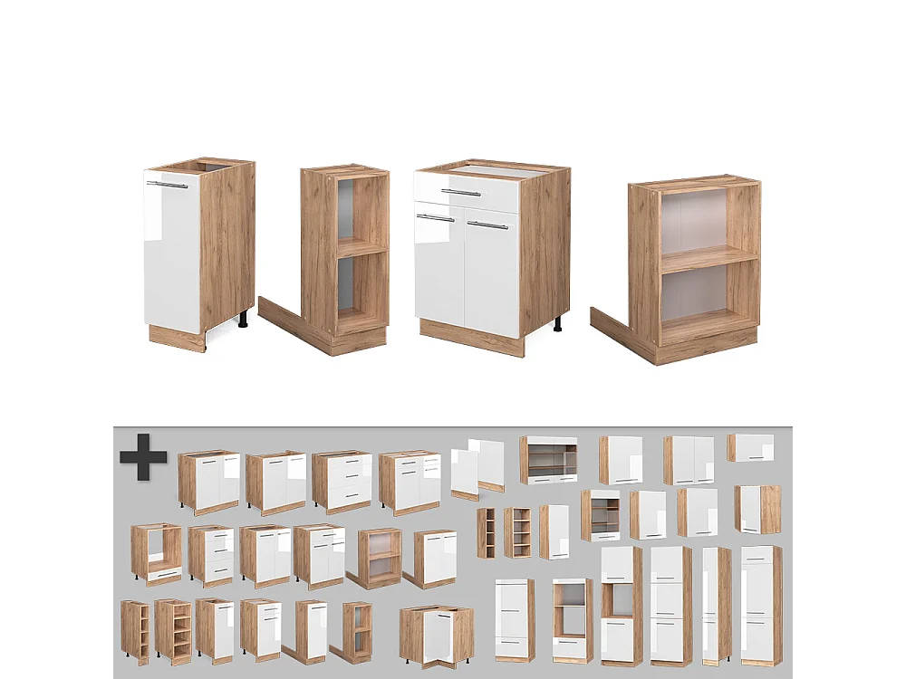 Îlot de cuisine blanc brillant/chêne doré 90x60x82 fame-line