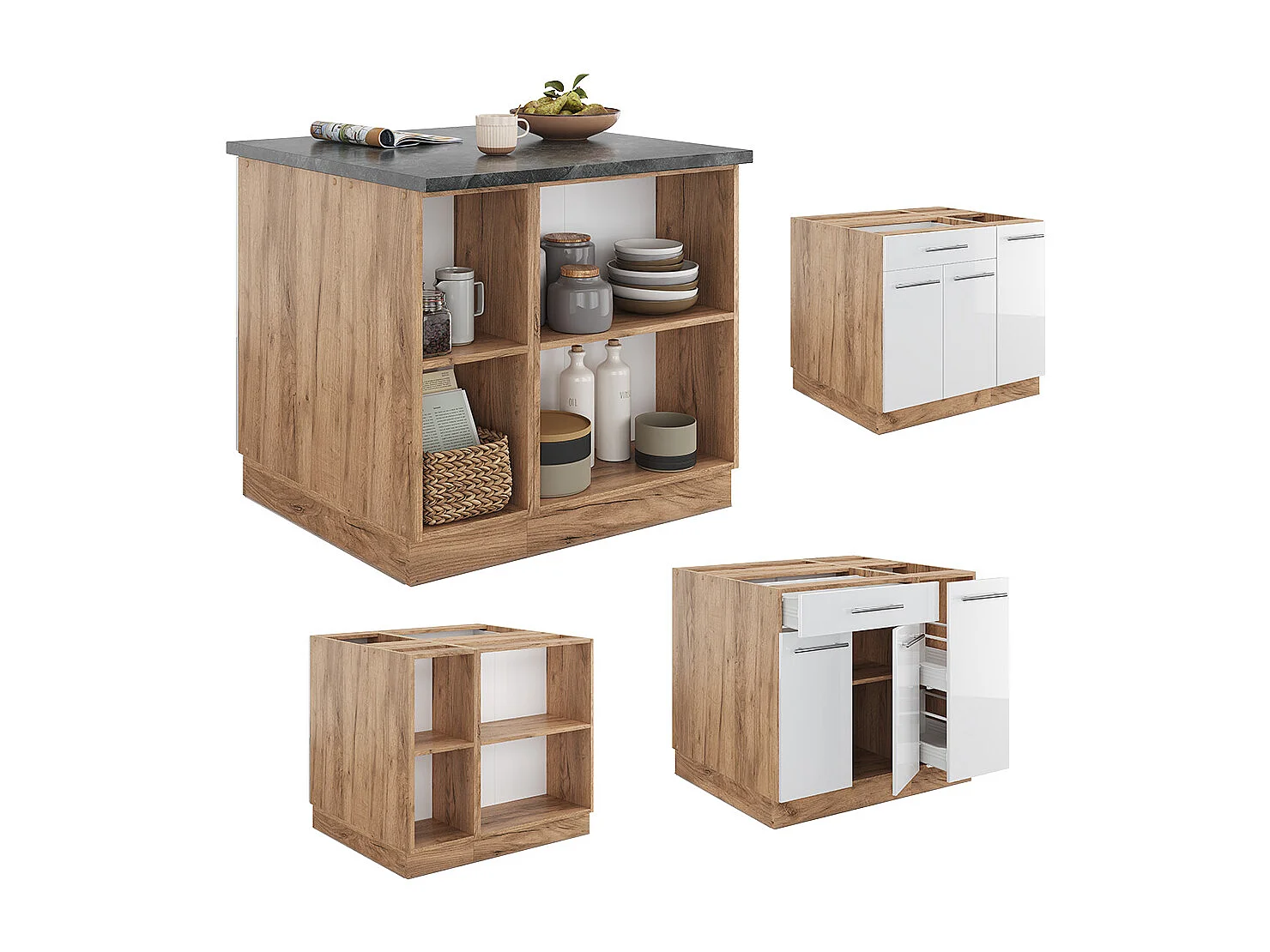 Îlot de cuisine blanc brillant/chêne doré 90x60x82 fame-line