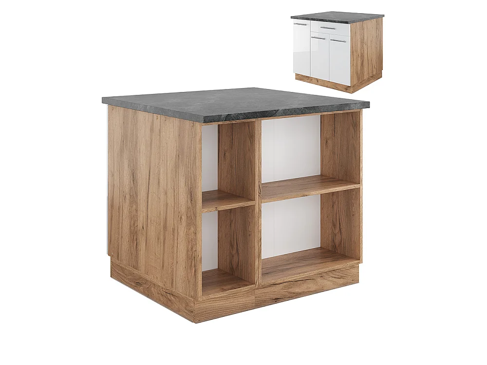 Îlot de cuisine blanc brillant/chêne doré 90x60x82 fame-line