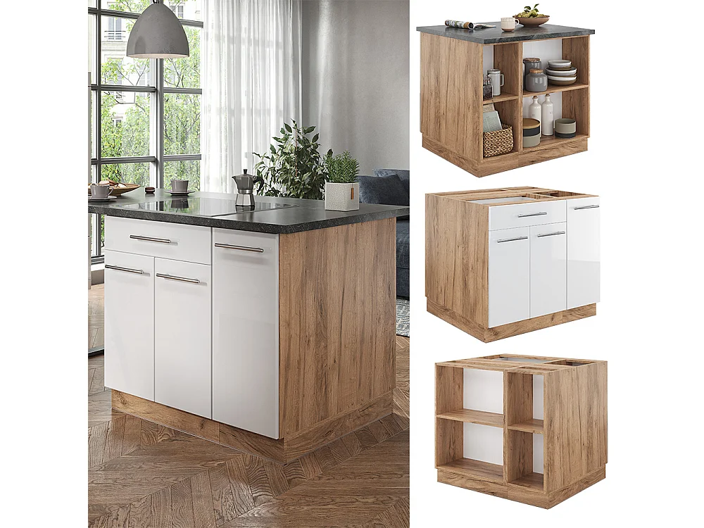 Îlot de cuisine blanc brillant/chêne doré 90x60x82 fame-line