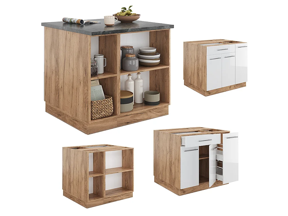 Îlot de cuisine blanc brillant/chêne doré 90x60x82 fame-line