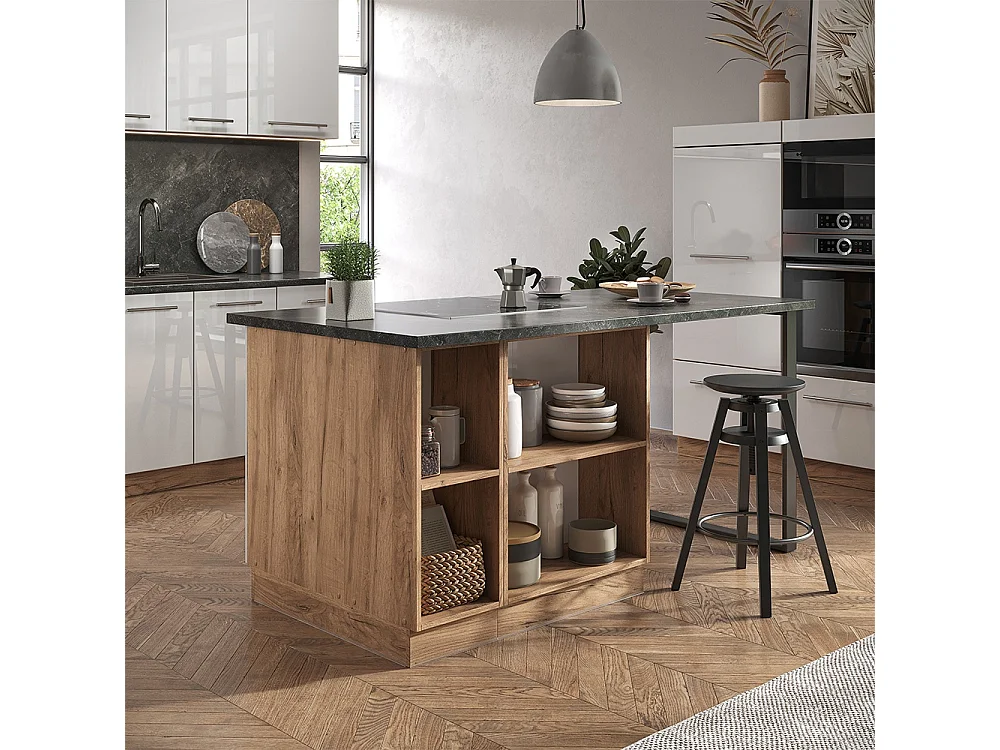 Îlot de cuisine blanc brillant/chêne doré 90x60x82 fame-line