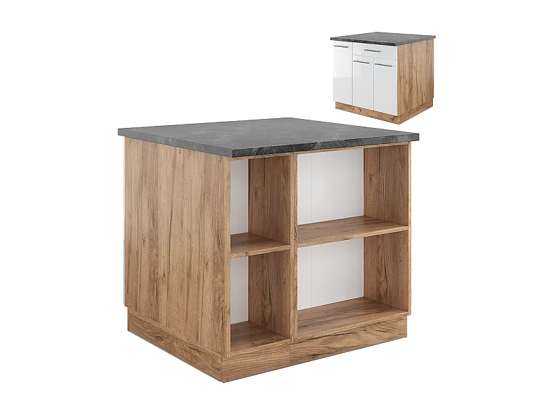 Îlot de cuisine blanc brillant/chêne doré 90x60x82 fame-line