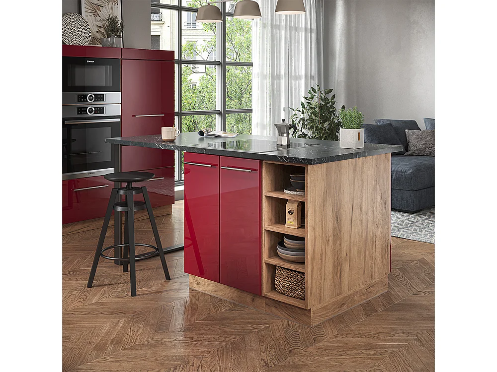 Kücheninsel bordeaux hochglanz/goldkraft eiche 90x60x82 fame-line