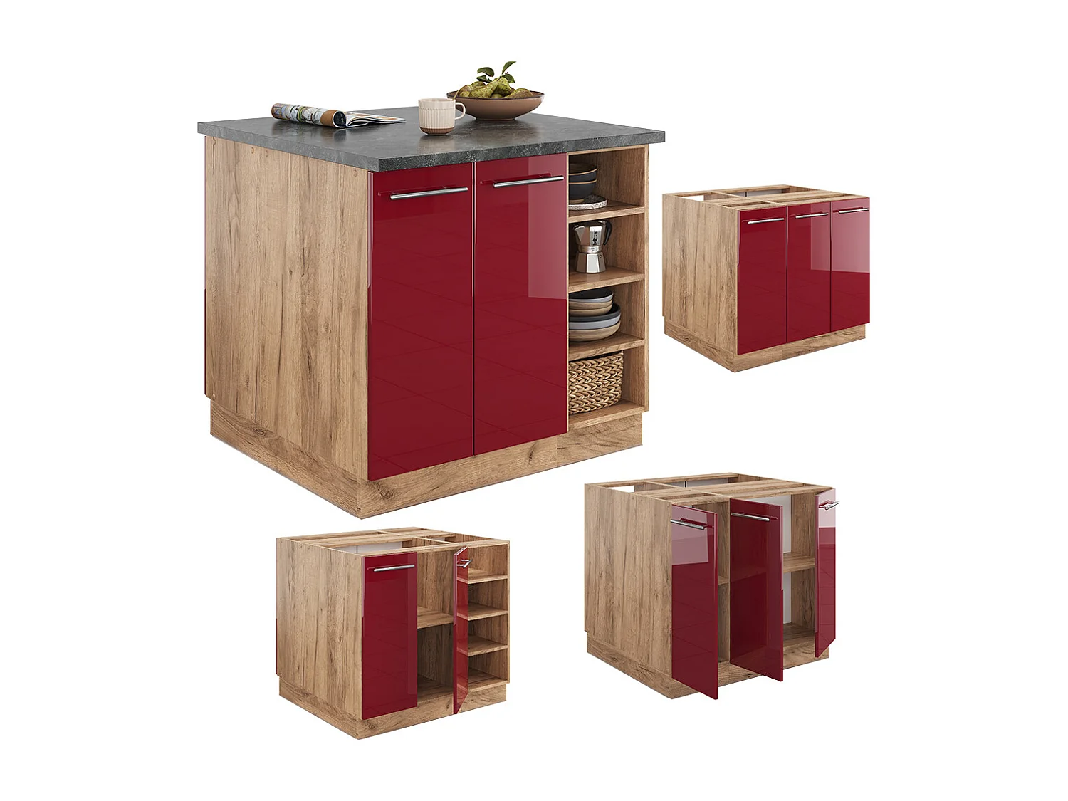 Îlot de cuisine bordeaux brillant/chêne doré 90x60x82 fame-line