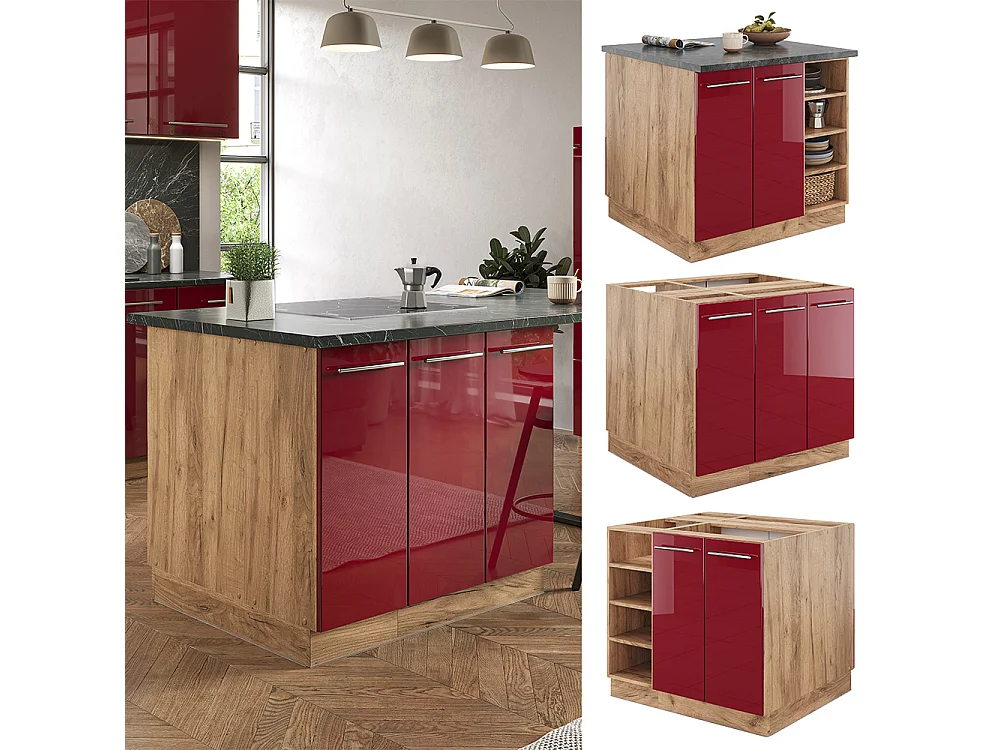 Îlot de cuisine bordeaux brillant/chêne doré 90x60x82 fame-line