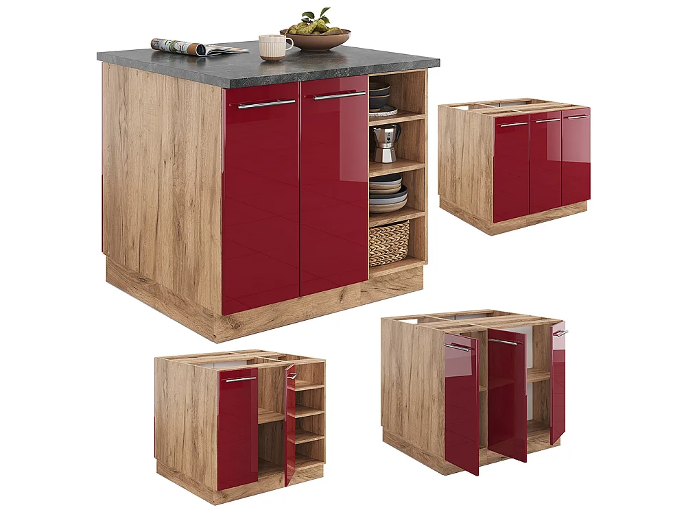 Îlot de cuisine bordeaux brillant/chêne doré 90x60x82 fame-line