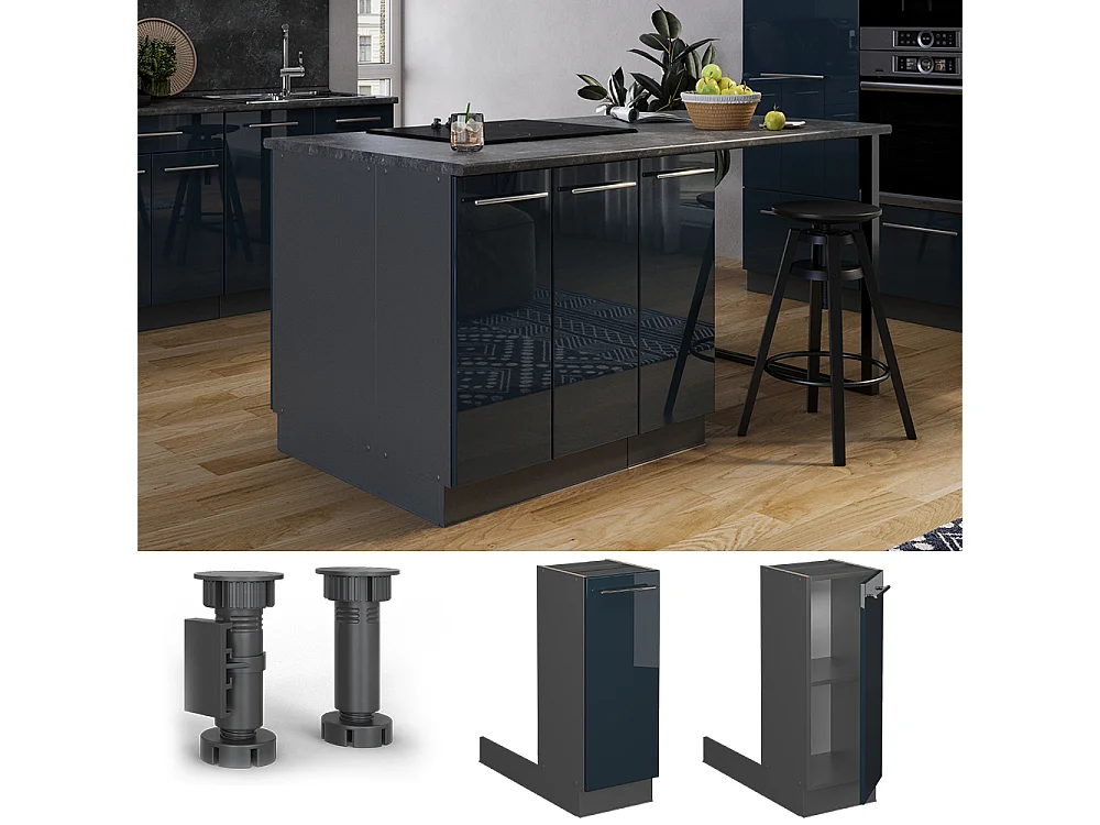 Îlot de cuisine bleu foncé brillant 30x70x82 fame-line