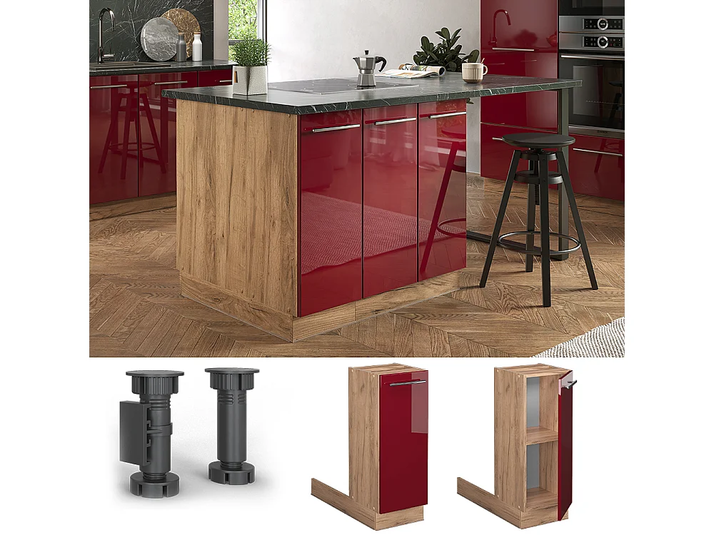 Îlot de cuisine rouge bordeaux haute brillance 30x70x82 fame-line