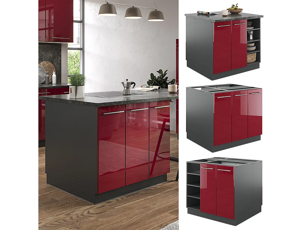 Armário de cozinha com ilha bordeaux alto brilho/antracite 90x60x82 fame-line