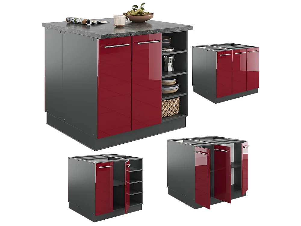 Armário de cozinha com ilha bordeaux alto brilho/antracite 90x60x82 fame-line