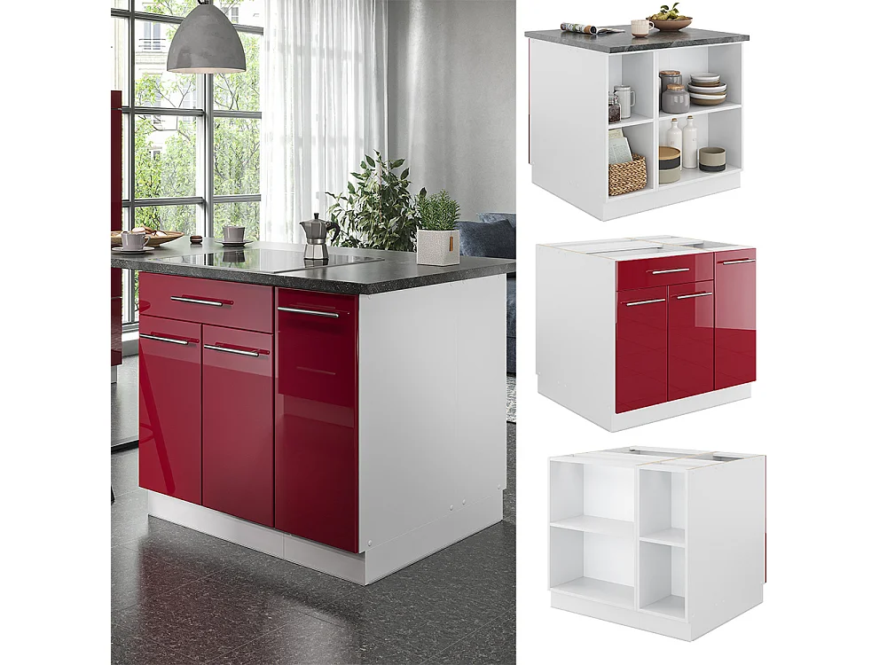 Kücheninsel bordeaux hochglanz/weiß 90x60x82 fame-line