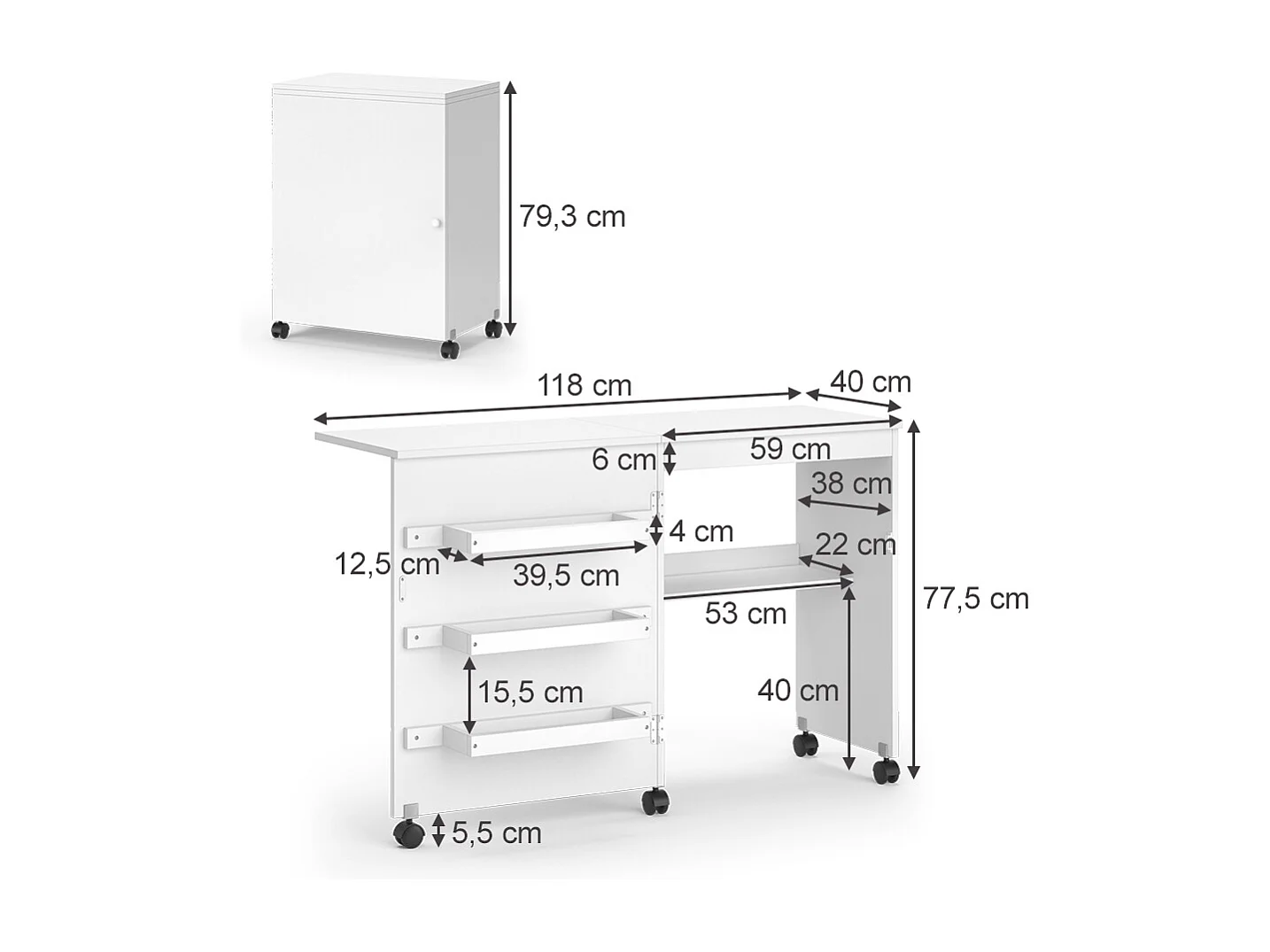 La table de couture blanc 118x40x77.5 carmen