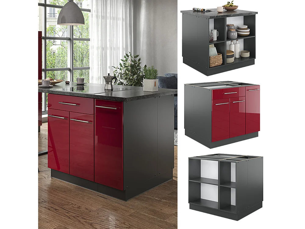 Kücheninsel bordeaux hochglanz/anthrazit 90x60x82 fame-line