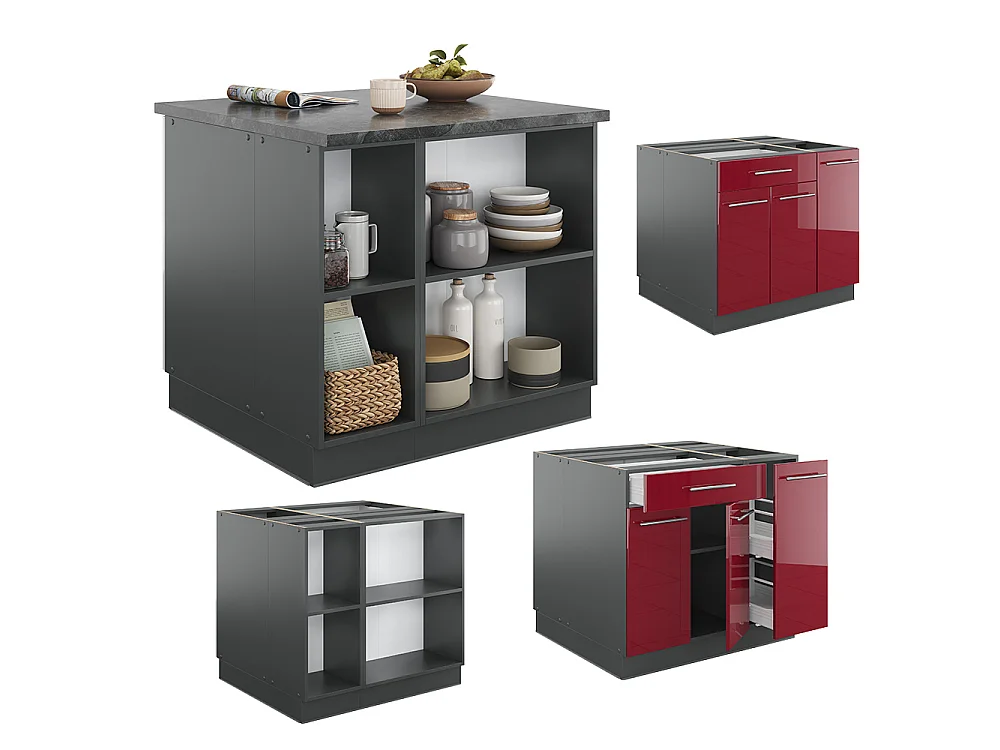 Îlot de cuisine bordeaux haute brillance/anthracite 90x60x82 fame-line
