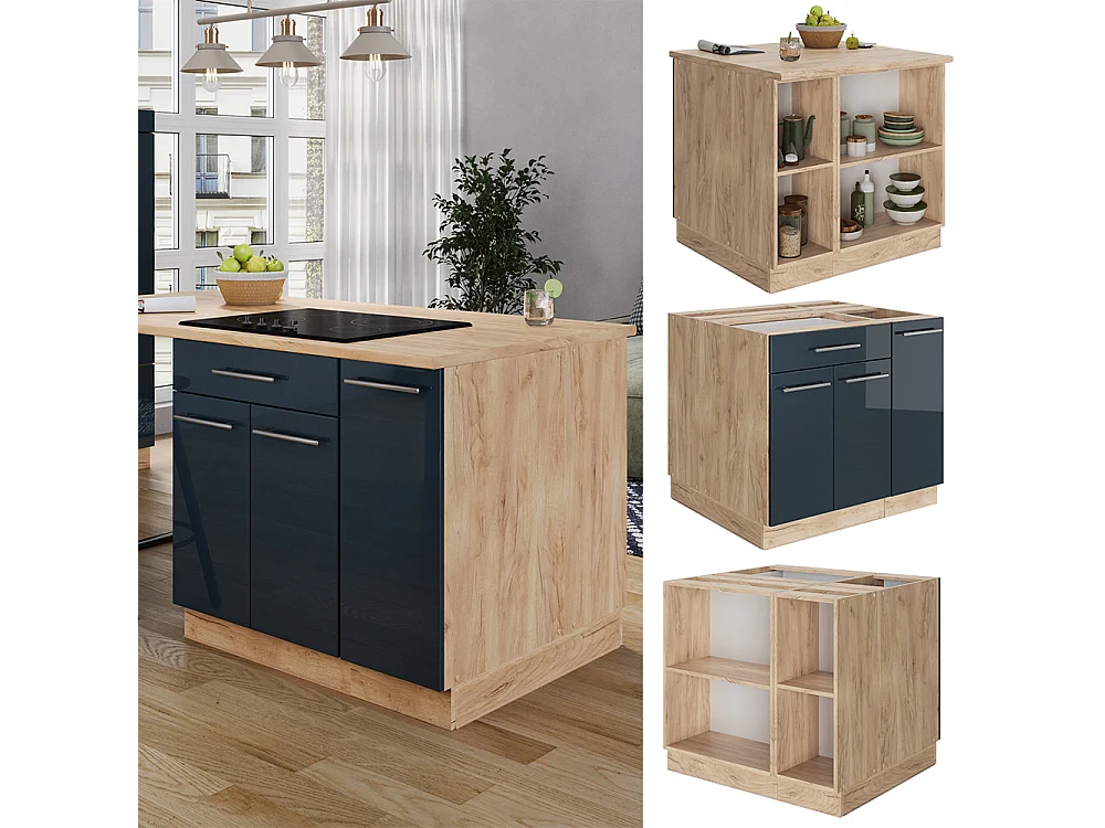 Îlot de cuisine bleu foncé brillant 90x60x82 fame-line