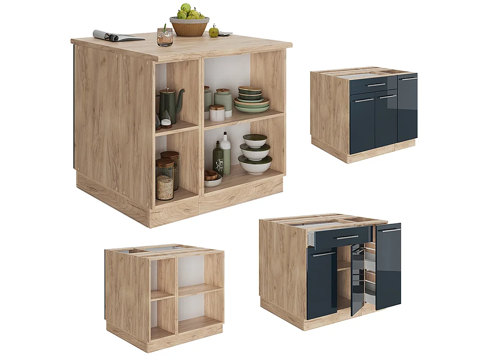Îlot de cuisine bleu foncé brillant 90x60x82 fame-line