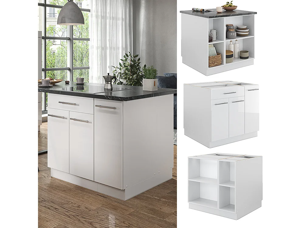 Îlot de cuisine blanc brillant/blanc 90x60x82 fame-line