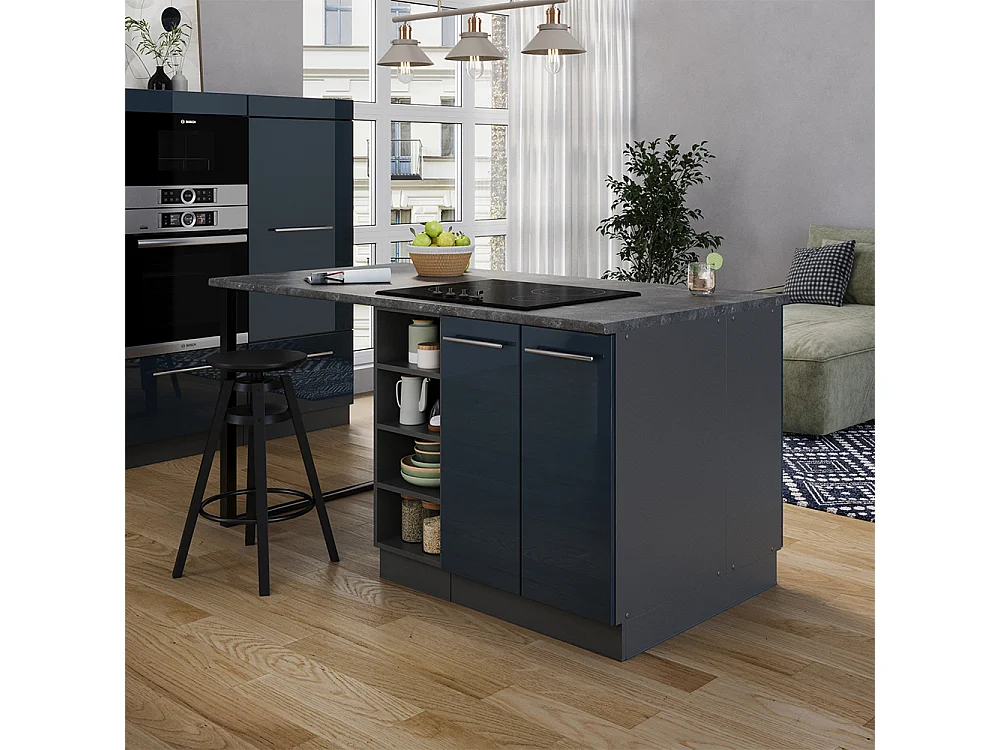 îlot de cuisine bleu foncé brillant/anthracite 90x60x82 fame-line