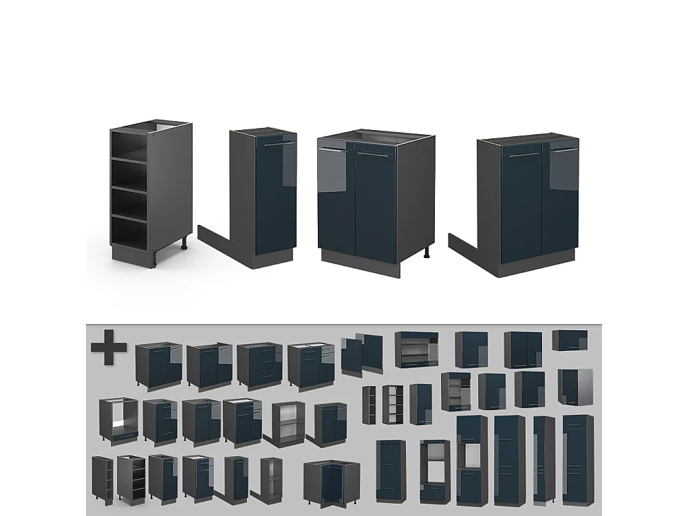 îlot de cuisine bleu foncé brillant/anthracite 90x60x82 fame-line