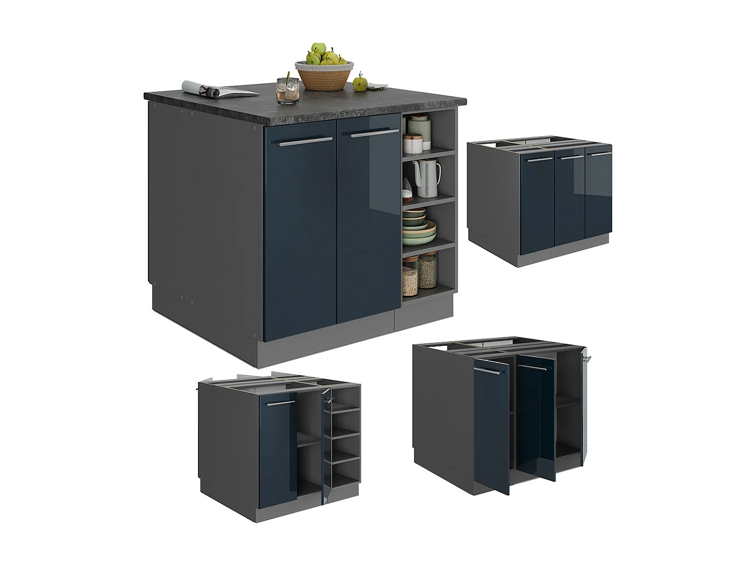 îlot de cuisine bleu foncé brillant/anthracite 90x60x82 fame-line