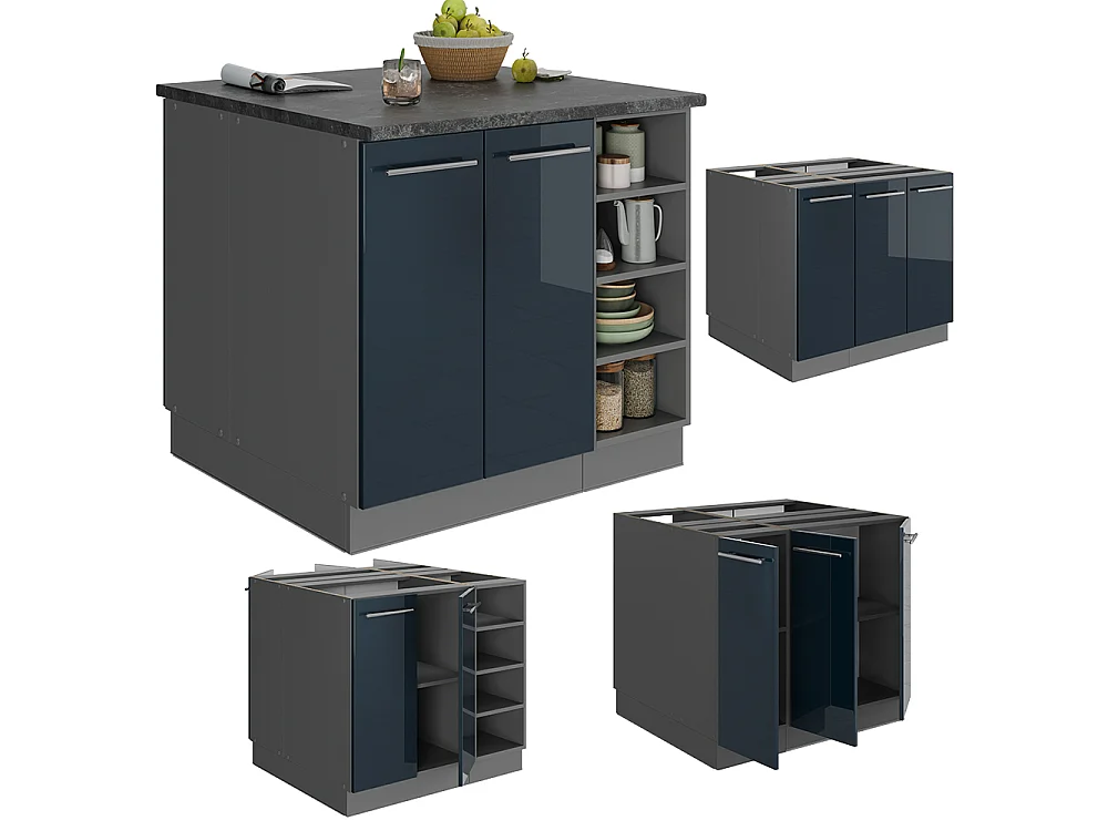 îlot de cuisine bleu foncé brillant/anthracite 90x60x82 fame-line