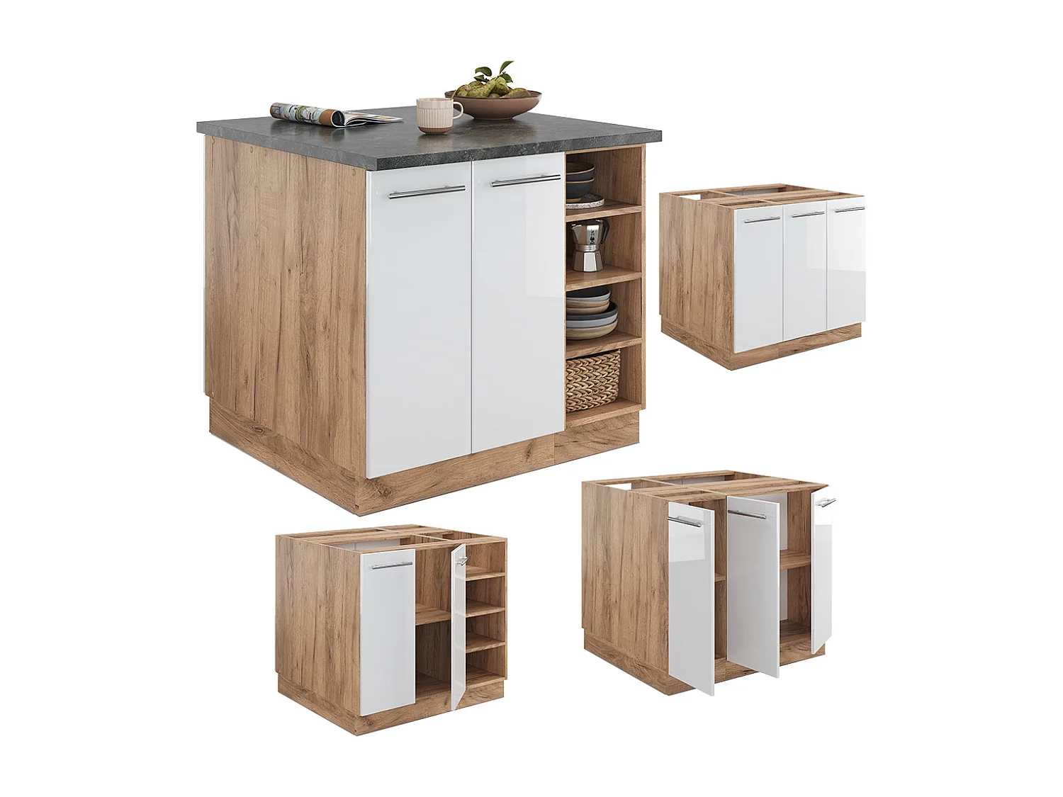 Kücheninsel weiß hochglanz/goldkraft eiche 90x60x82 fame-line