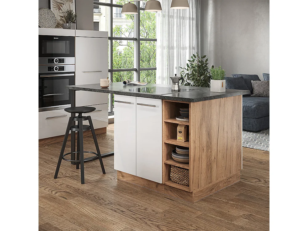 Îlot de cuisine blanc brillant/chêne doré 90x60x82 fame-line