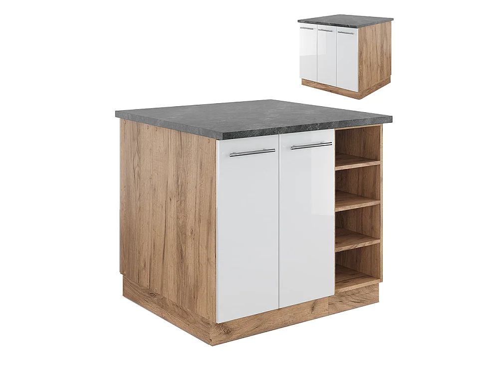 Îlot de cuisine blanc brillant/chêne doré 90x60x82 fame-line