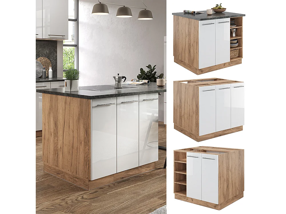 Îlot de cuisine blanc brillant/chêne doré 90x60x82 fame-line