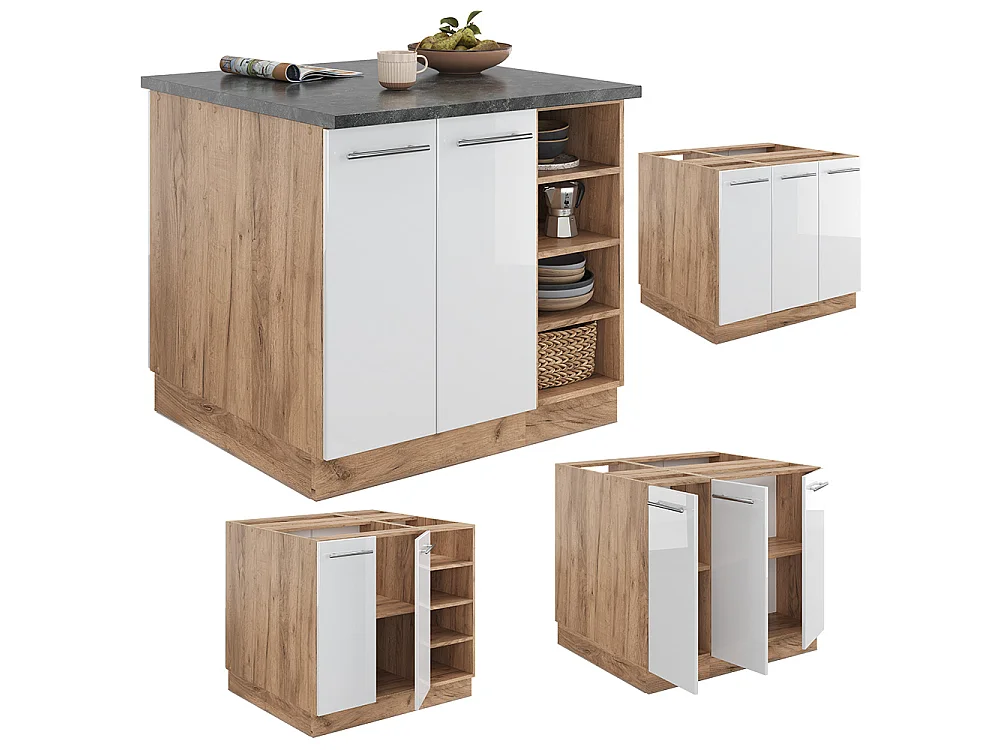 Îlot de cuisine blanc brillant/chêne doré 90x60x82 fame-line
