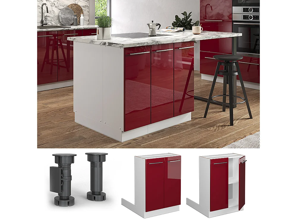 Îlot de cuisine rouge bordeaux haute brillance 60x30x82 fame-line