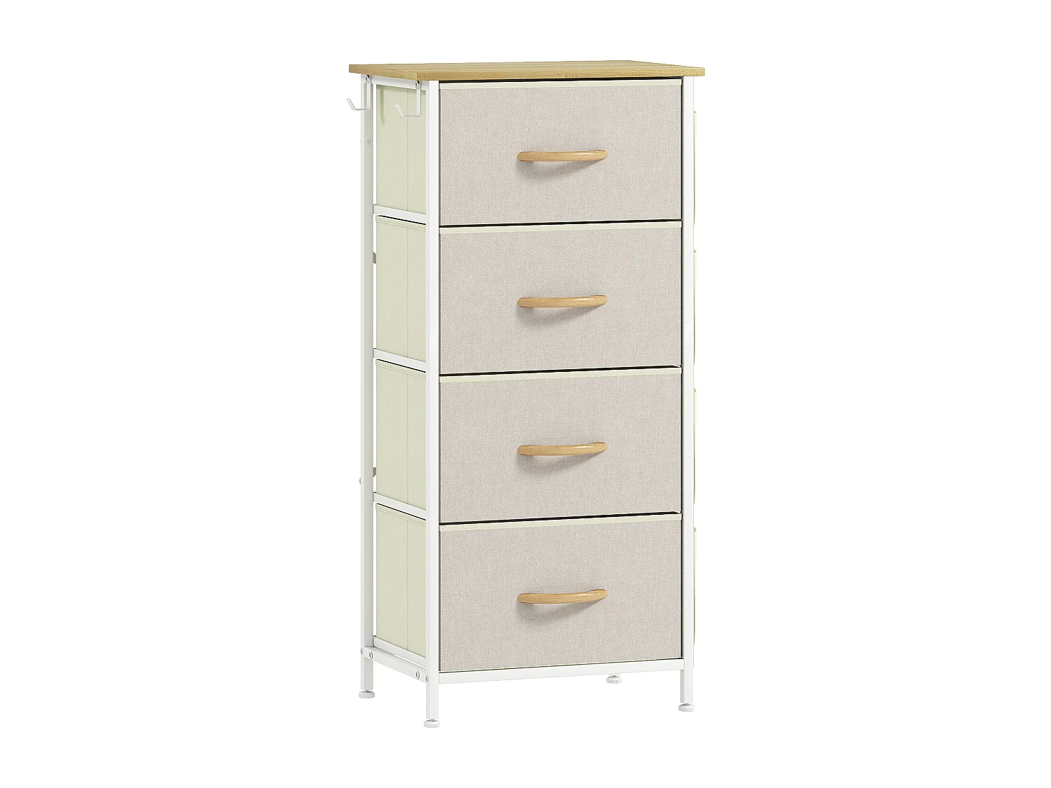 Commode chiffonnier 4 tiroirs en tissu beige 4 poches 2 crochets acier blanc effet bois