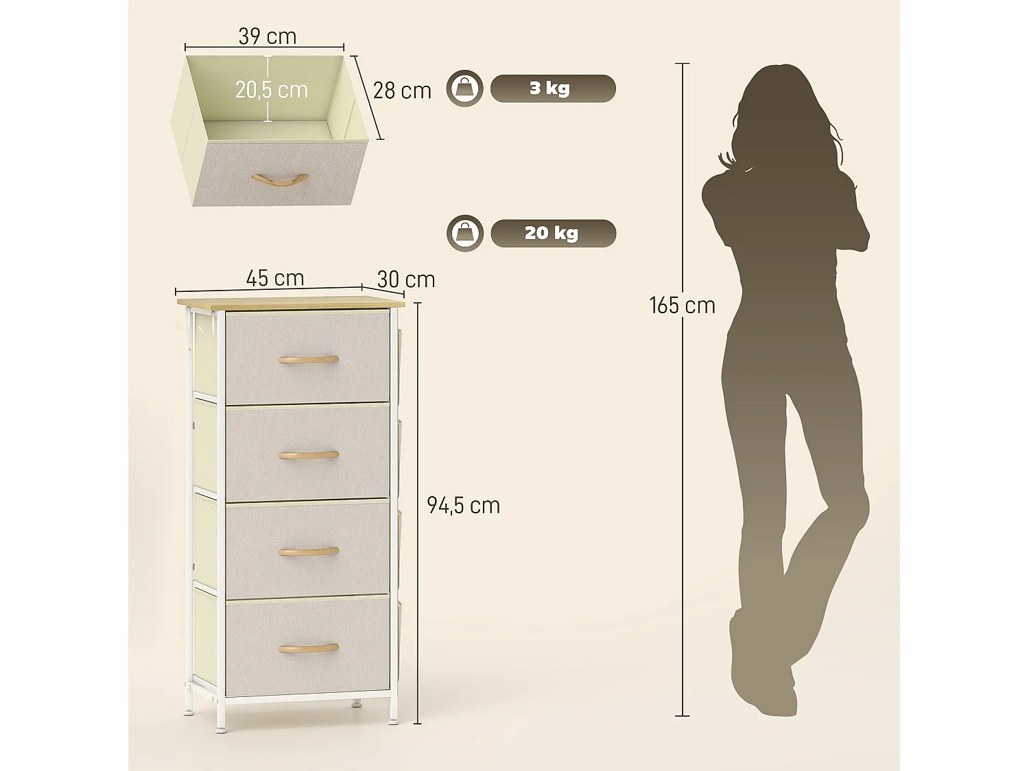 Commode chiffonnier 4 tiroirs en tissu beige 4 poches 2 crochets acier blanc effet bois