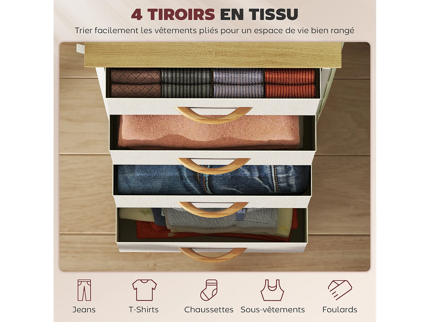 Commode chiffonnier 4 tiroirs en tissu beige 4 poches 2 crochets acier blanc effet bois