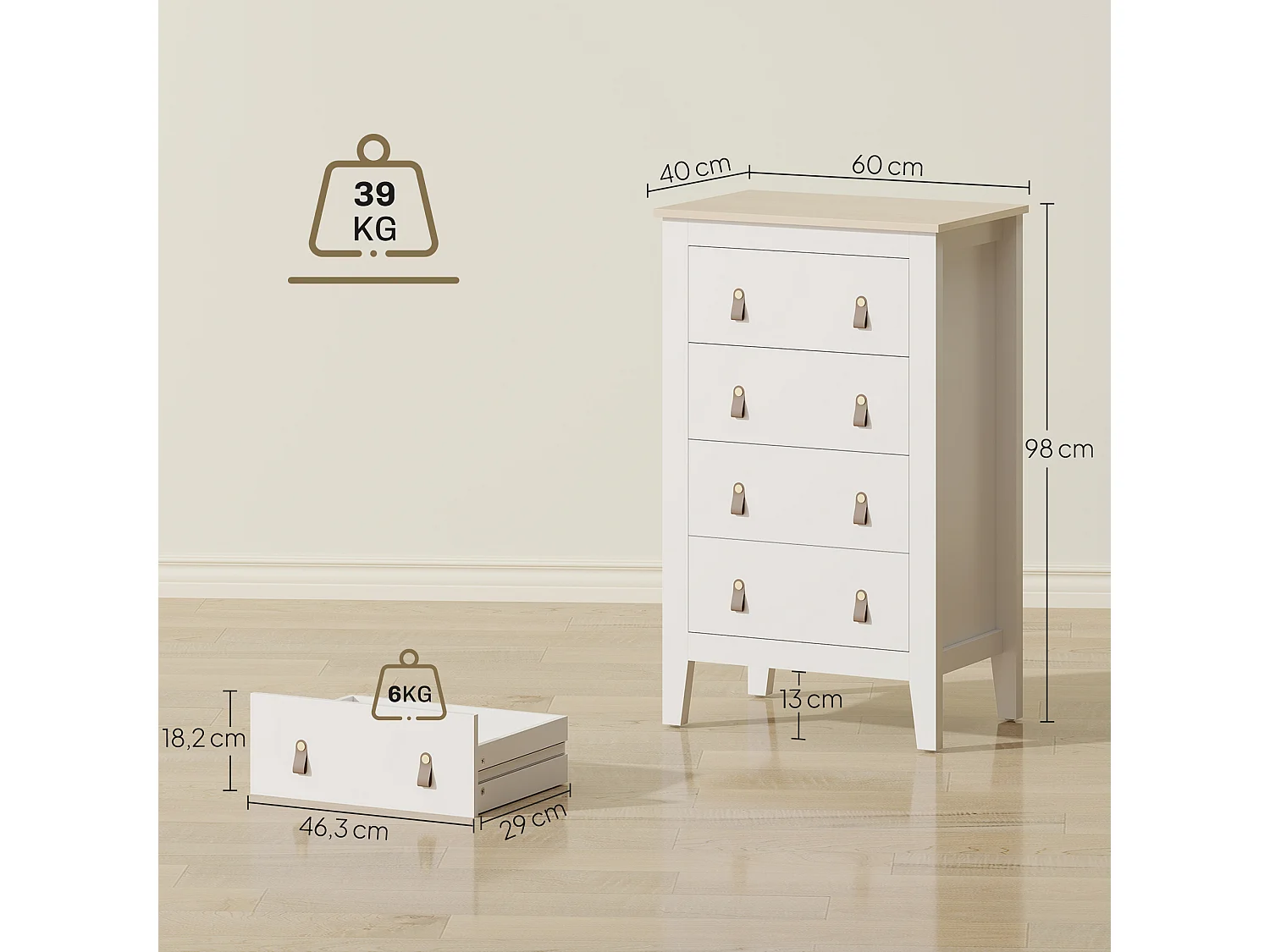 Chiffonnier 4 tiroirs sur pieds dim. 60 x 40 x 98 cm poignées PU métal doré blanc effet bois clair