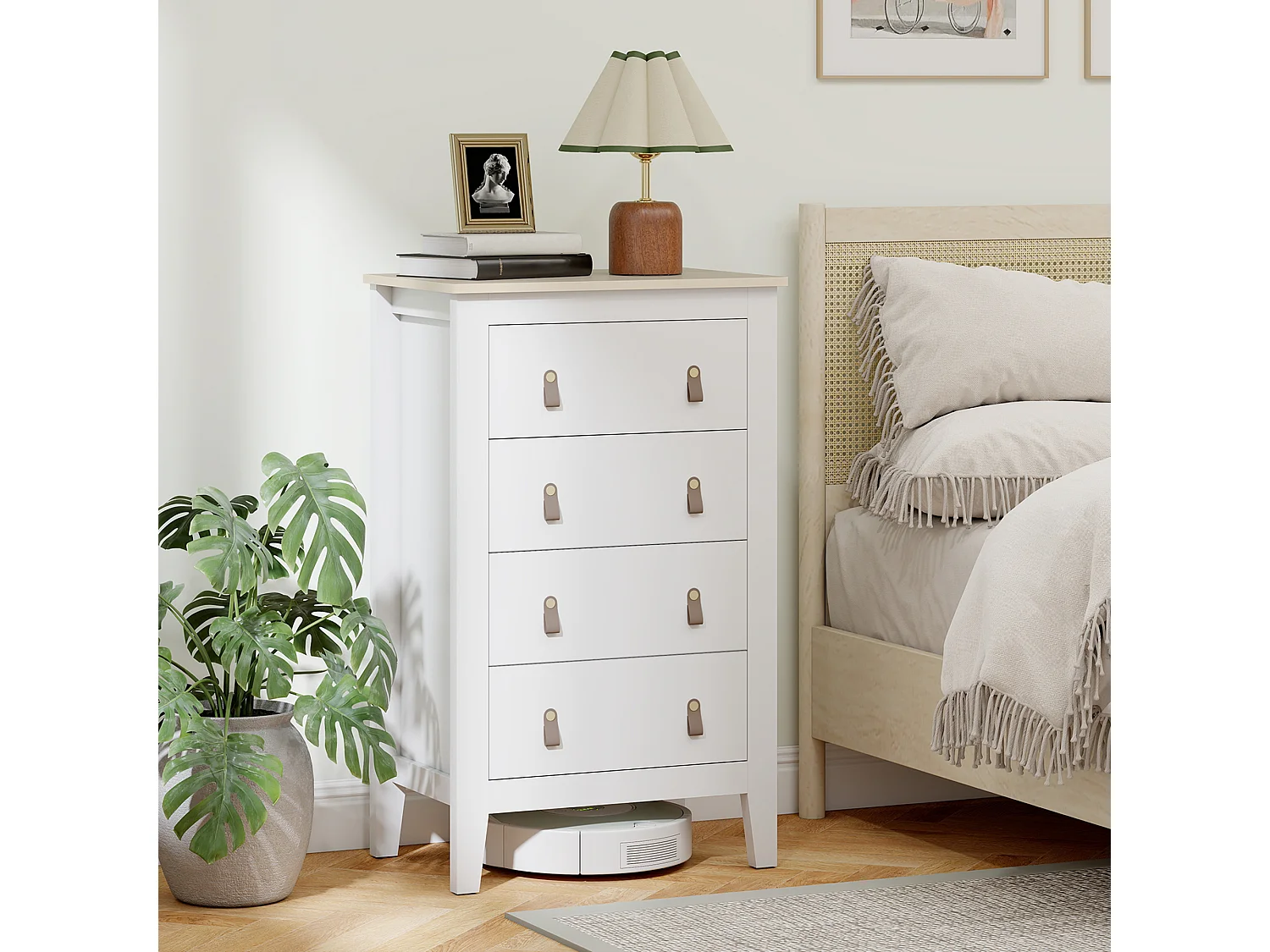 Chiffonnier 4 tiroirs sur pieds dim. 60 x 40 x 98 cm poignées PU métal doré blanc effet bois clair