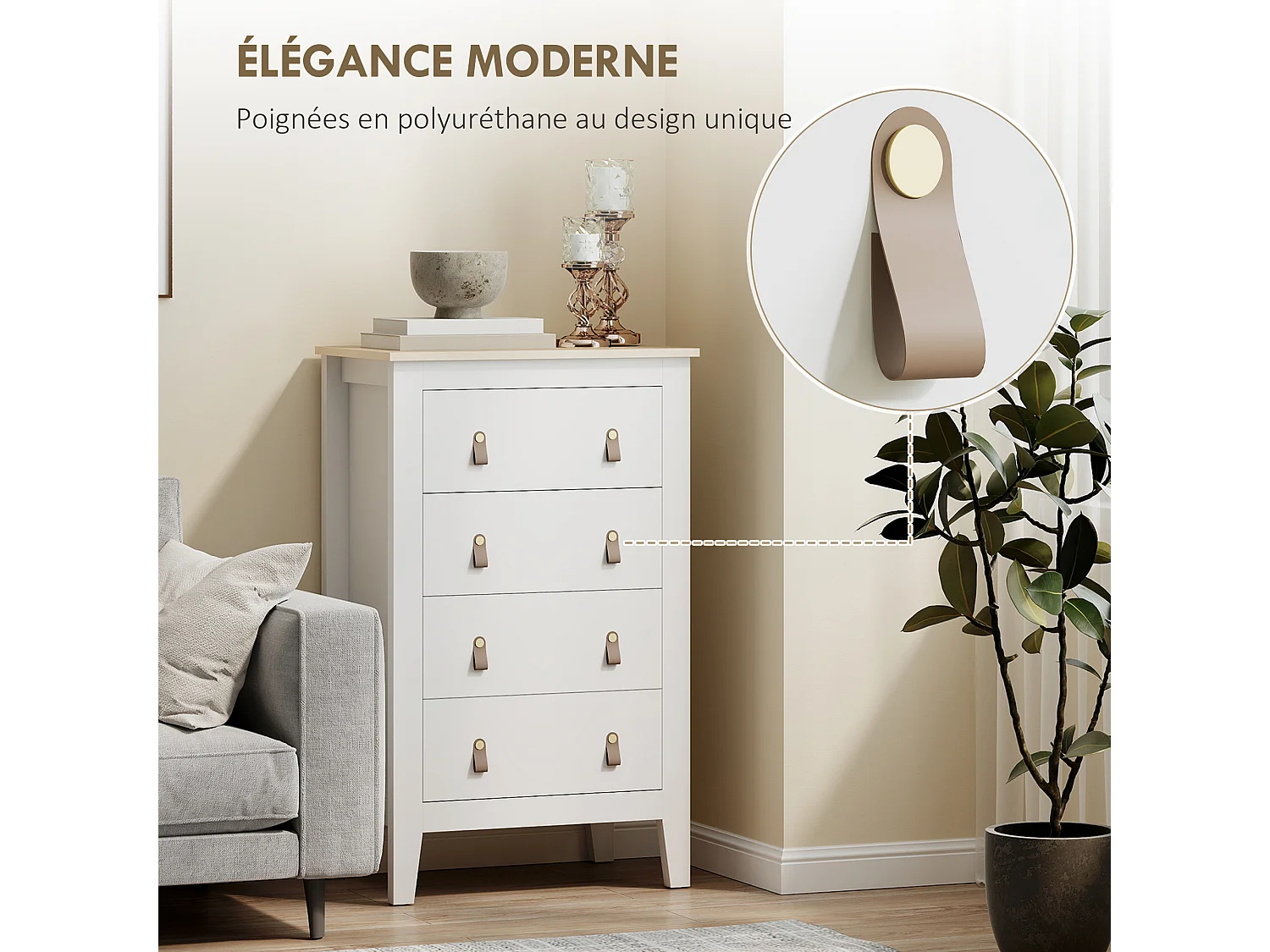 Chiffonnier 4 tiroirs sur pieds dim. 60 x 40 x 98 cm poignées PU métal doré blanc effet bois clair