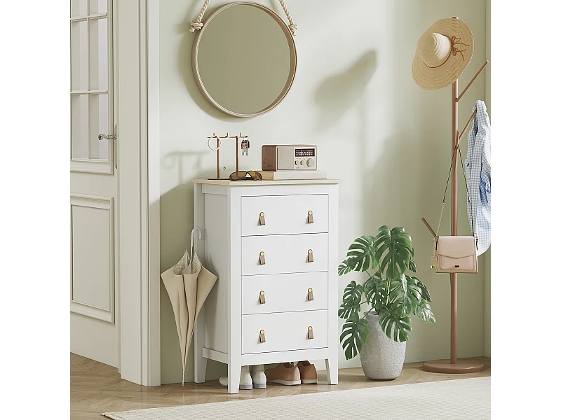 Chiffonnier 4 tiroirs sur pieds dim. 60 x 40 x 98 cm poignées PU métal doré blanc effet bois clair