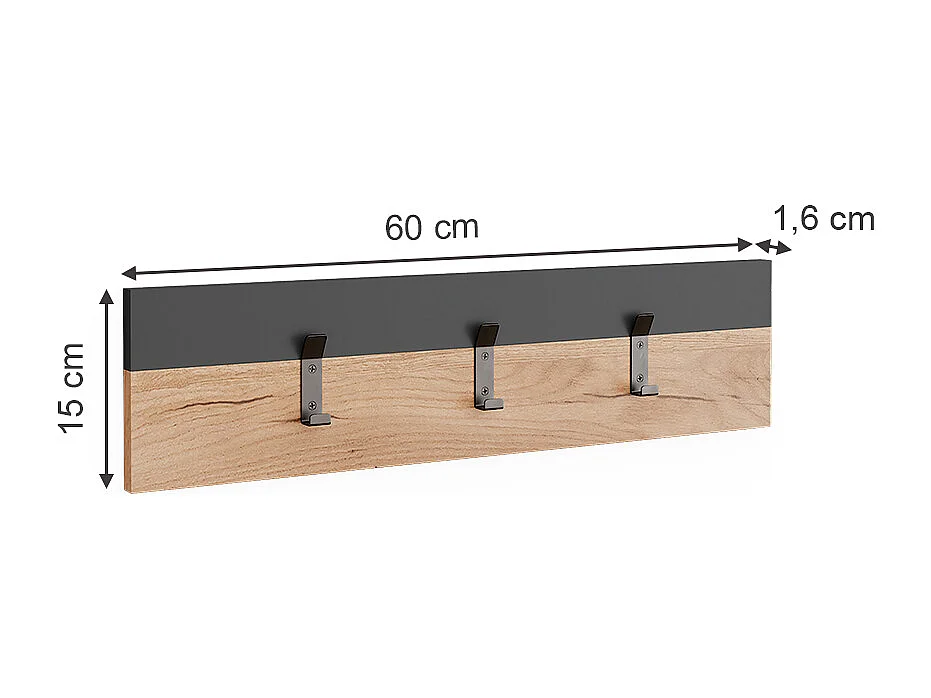 Perchero de pared antracita/roble dorado 60x1.6x15 orlando